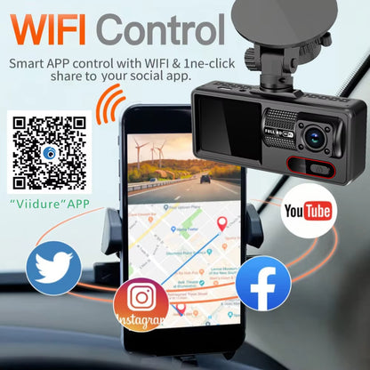 Dashcam 3 Canaux WiFi 1080P – Caméras Avant, Intérieure et Arrière