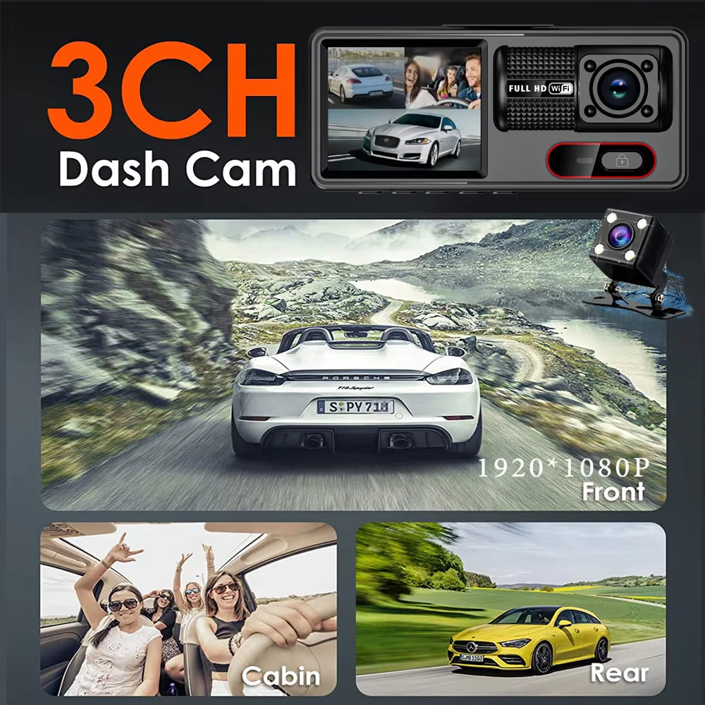 Dashcam 3 Canaux WiFi 1080P – Caméras Avant, Intérieure et Arrière