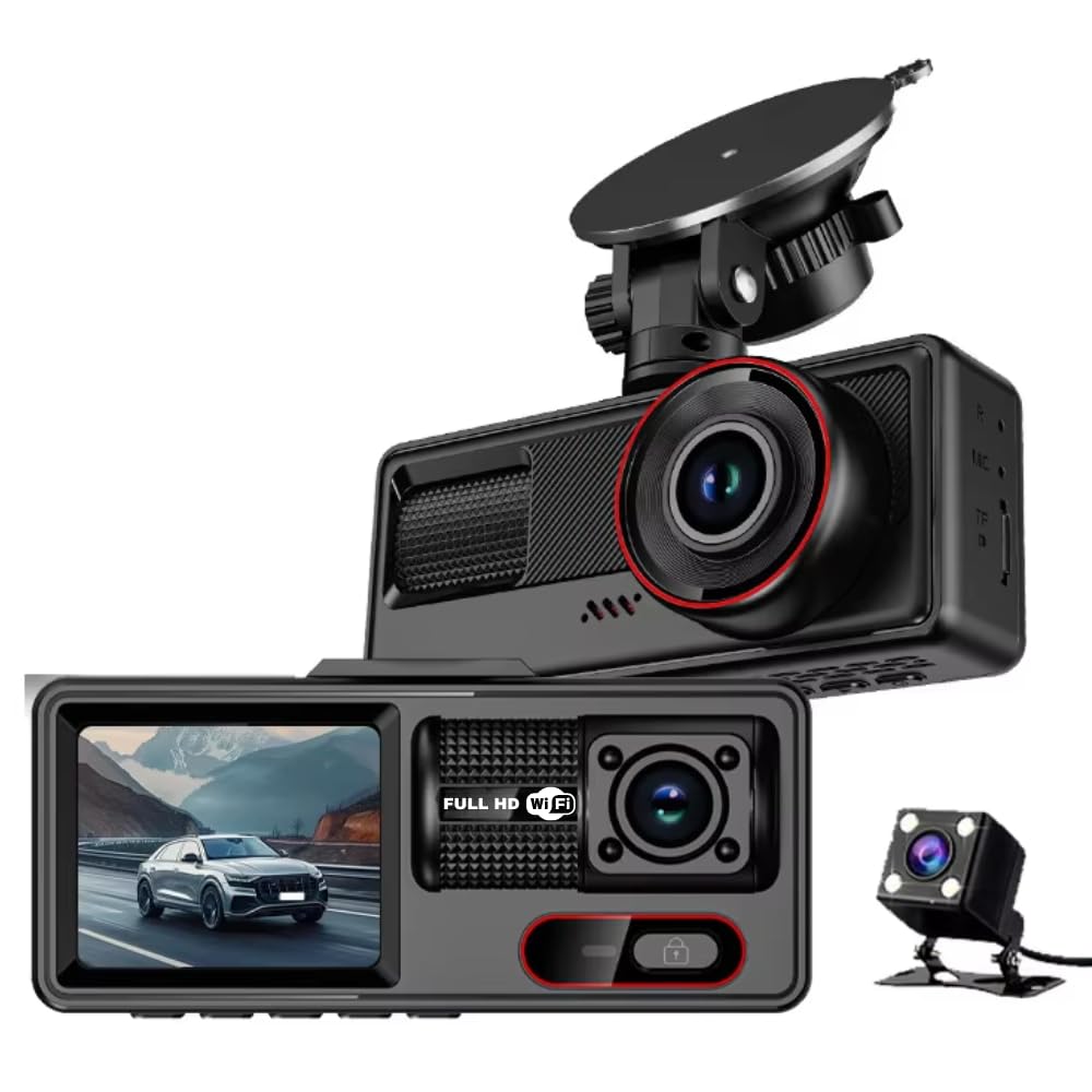 Dashcam 3 Canaux WiFi 1080P – Caméras Avant, Intérieure et Arrière
