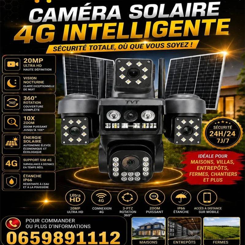 Caméra Solaire 20MP à 4 Lentilles – Surveillance Extérieure Multi-Angle