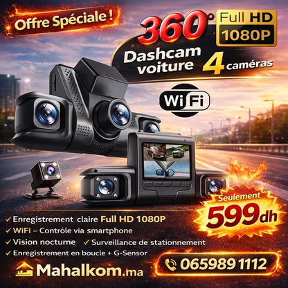 Caméra de Voiture 4 Lentilles 1080P – Dashcam Surveillance 360°