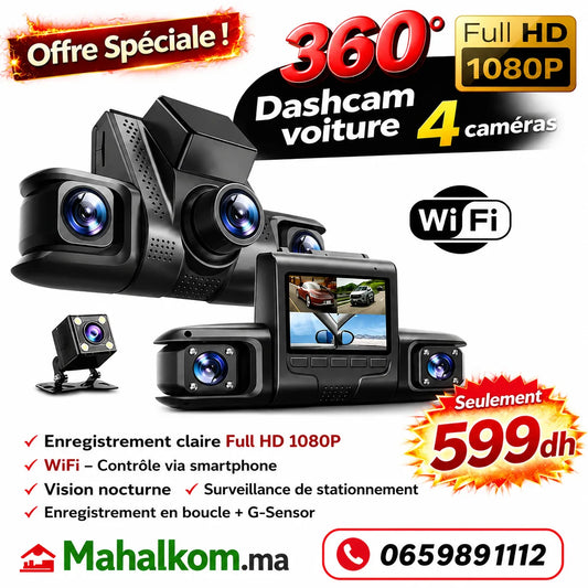 Caméra de Voiture 4 Lentilles 1080P – Dashcam Surveillance 360°
