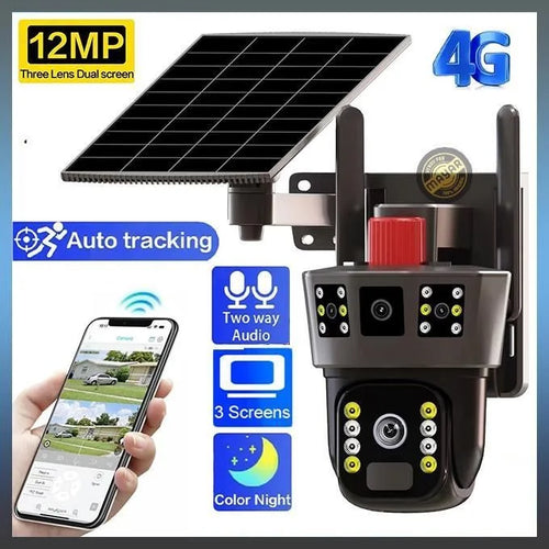 Caméra Solaire 12MP 4G Triple Écrans – Surveillance Extérieure Intelligente