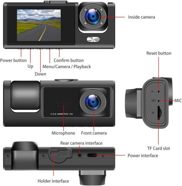 Caméra de tableau de bord HD 1080P avant, arrière et intérieure